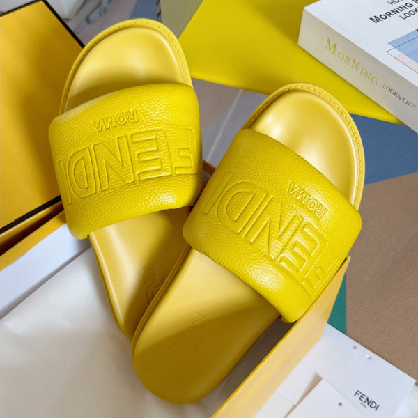 FENDI ROMA SLIDES IN SUNSHINE YELLOW FUSSBETT LAMBSKIN