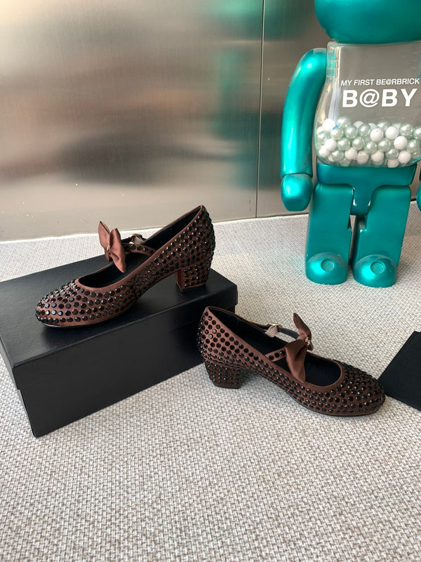 CC MARY JANES SHOES IN UMBER BROWN SATIN WITH RHINESTONES