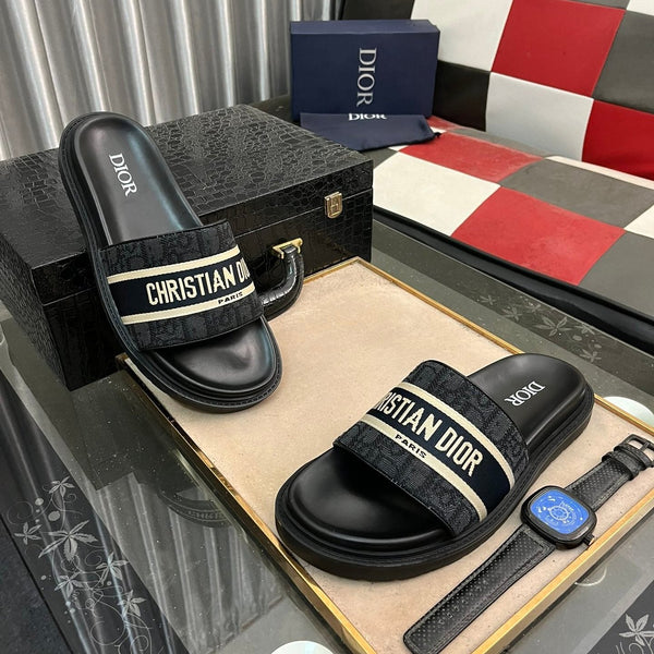 CD SLIDE LETTER SLIPPER BLACK CALFSKIN