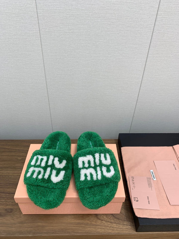 Miu slippers Green With White Lettering Pure Wool