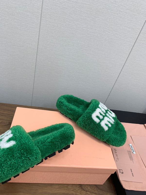 Miu slippers Green With White Lettering Pure Wool
