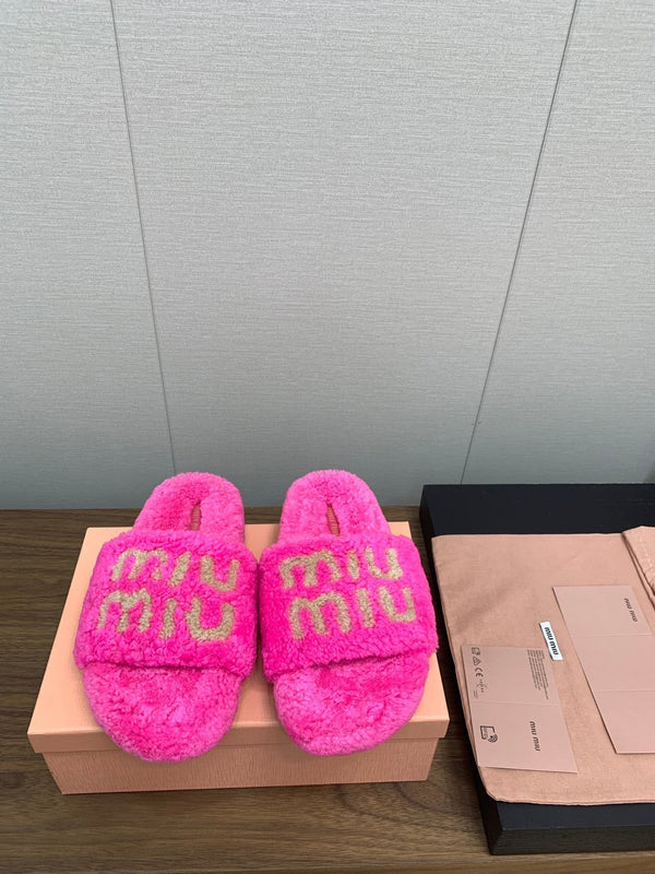 Miu slippers Pink With Light Brown Lettering Pure Wool