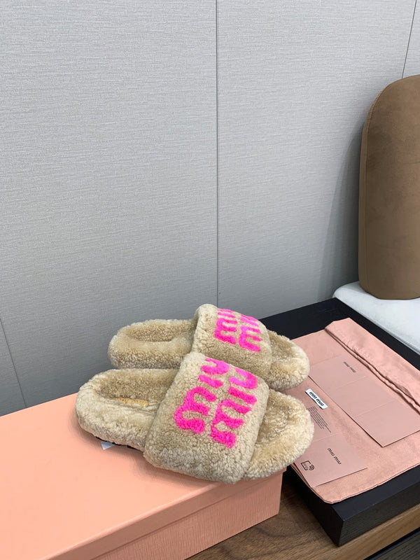 Miu slippers Light Brown With Pink Lettering Pure Wool