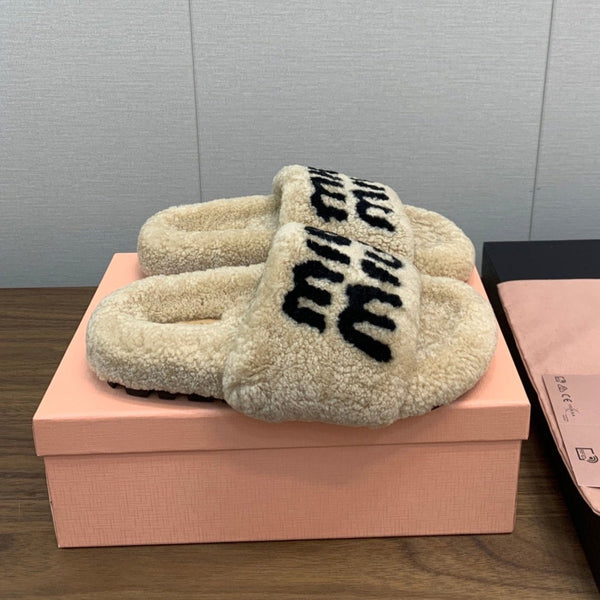 Miu slippers Beige With Black Lettering Pure Wool