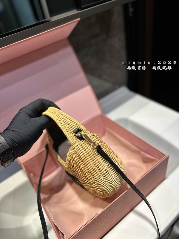 WANDER WICKER HOBO BAG 23 IN TAN BROWN HANDWOVEN WITH BLACK CALFSKIN LOGO