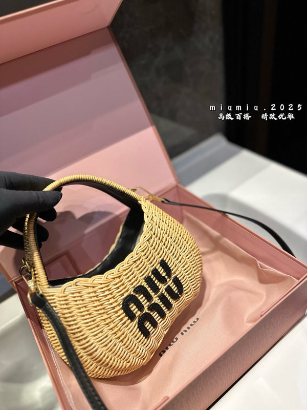 WANDER WICKER HOBO BAG 23 IN TAN BROWN HANDWOVEN WITH BLACK CALFSKIN LOGO