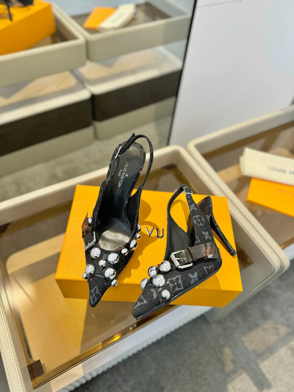 TACCO ALTO 95 MM IN DENIM NERO MONOGRAM CON CRISTALLI