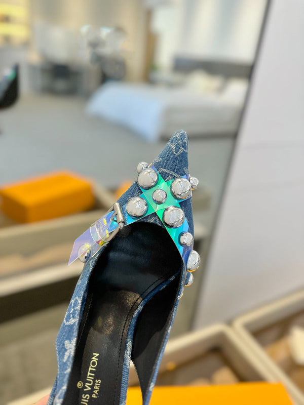 HIGH HEELS 95 MM IN CLASSIC BLUE MONOGRAM DENIM WITH CRYSTALS