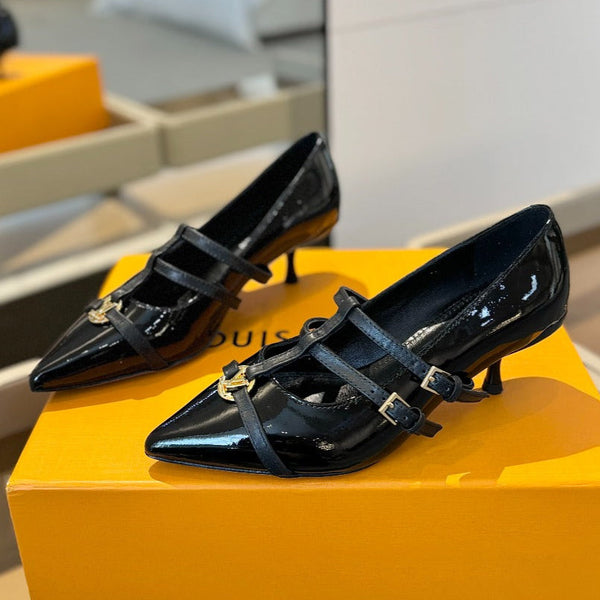 DÉCOLLETÉ ALTO 5 CM TRIPLO CINTURINO IN VITELLO VERNICIATO NERO