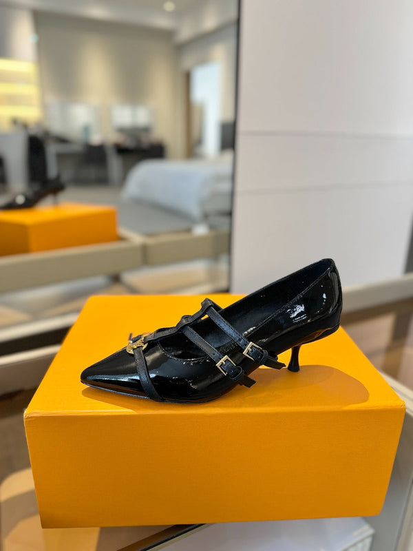 DÉCOLLETÉ ALTO 5 CM TRIPLO CINTURINO IN VITELLO VERNICIATO NERO