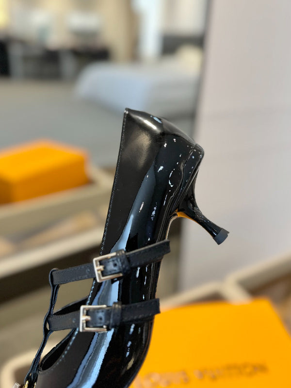 DÉCOLLETÉ ALTO 5 CM TRIPLO CINTURINO IN VITELLO VERNICIATO NERO