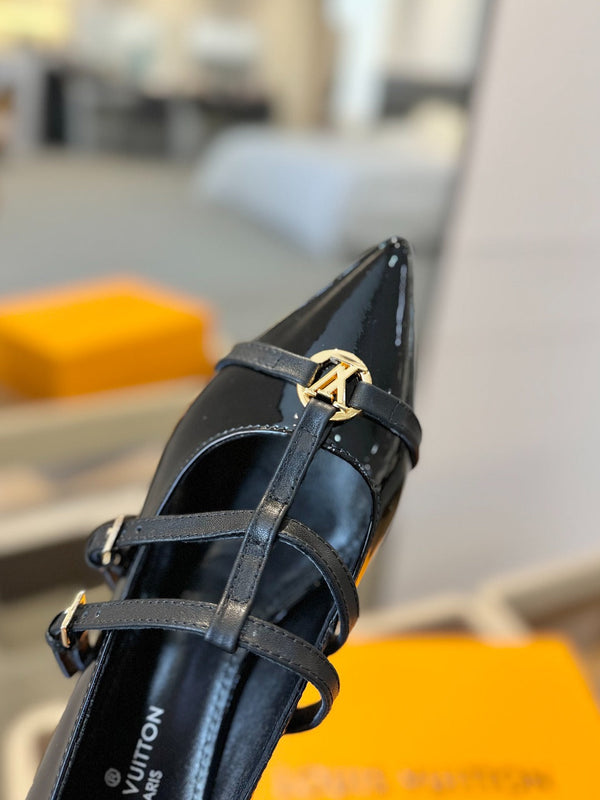 DÉCOLLETÉ ALTO 5 CM TRIPLO CINTURINO IN VITELLO VERNICIATO NERO