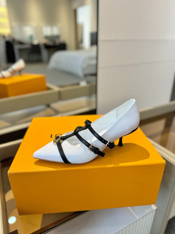 DÉCOLLETÉ ALTO 5 CM TRIPLO CINTURINO IN VITELLO BIANCO CON CINTURINO NERO