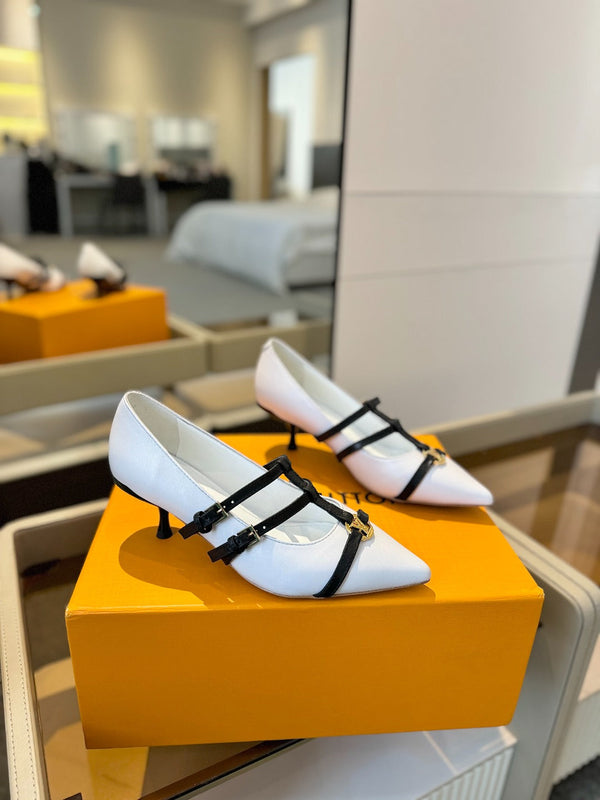 DÉCOLLETÉ ALTO 5 CM TRIPLO CINTURINO IN VITELLO BIANCO CON CINTURINO NERO