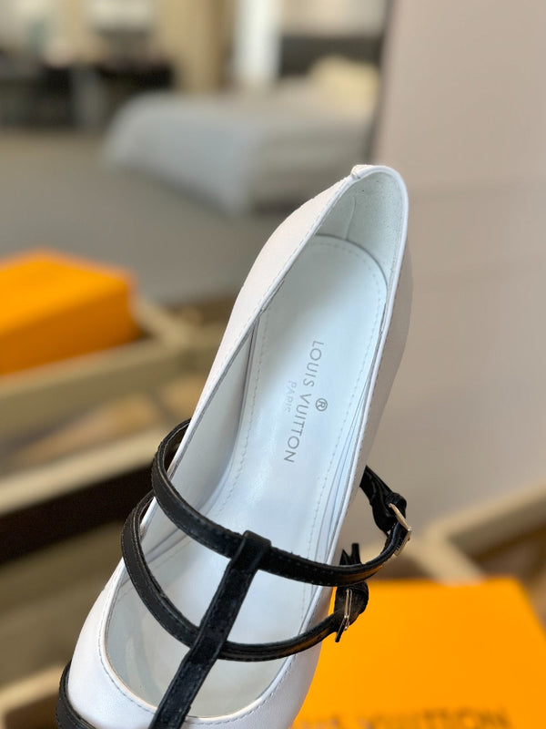 DÉCOLLETÉ ALTO 5 CM TRIPLO CINTURINO IN VITELLO BIANCO CON CINTURINO NERO