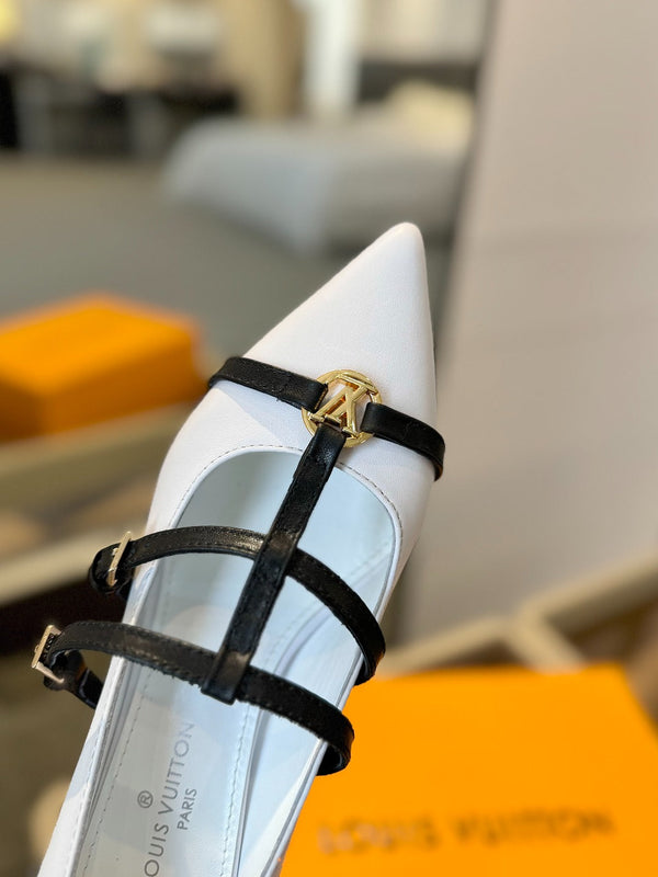 DÉCOLLETÉ ALTO 5 CM TRIPLO CINTURINO IN VITELLO BIANCO CON CINTURINO NERO