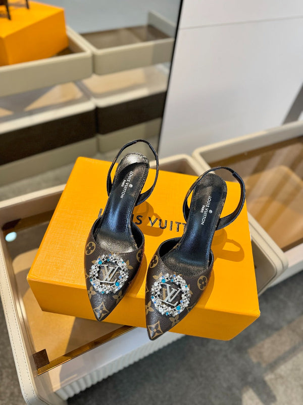 SANDALI CON TACCO ALTO 75 MM IN PELLE DI VITELLO MONOGRAMMA MARRONE CIOCCOLATO CON CRISTALLO