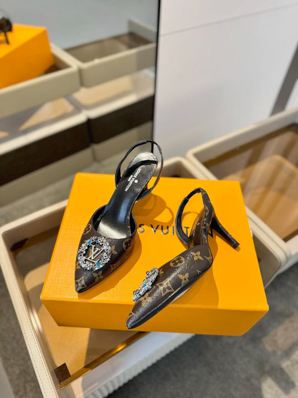 SANDALI CON TACCO ALTO 75 MM IN PELLE DI VITELLO MONOGRAMMA MARRONE CIOCCOLATO CON CRISTALLO