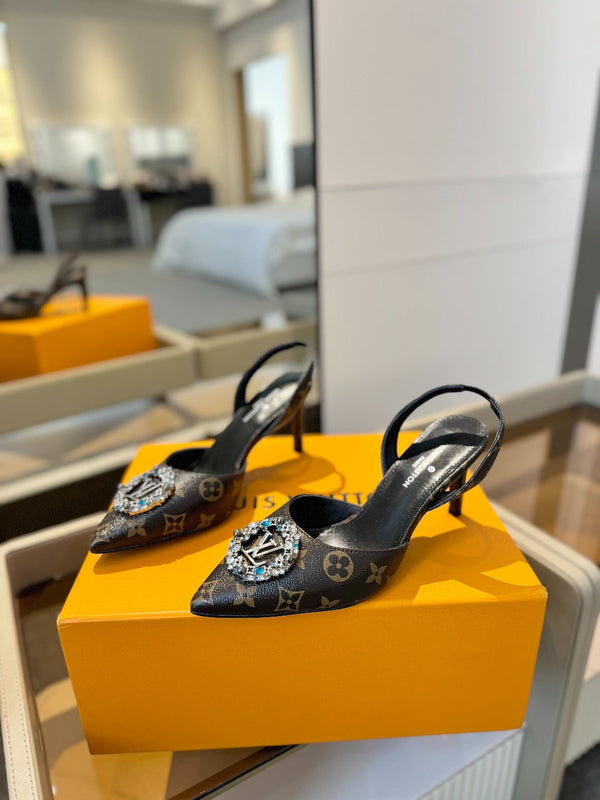 SANDALI CON TACCO ALTO 75 MM IN PELLE DI VITELLO MONOGRAMMA MARRONE CIOCCOLATO CON CRISTALLO