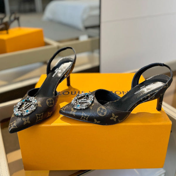 SANDALI CON TACCO ALTO 75 MM IN PELLE DI VITELLO MONOGRAMMA MARRONE CIOCCOLATO CON CRISTALLO