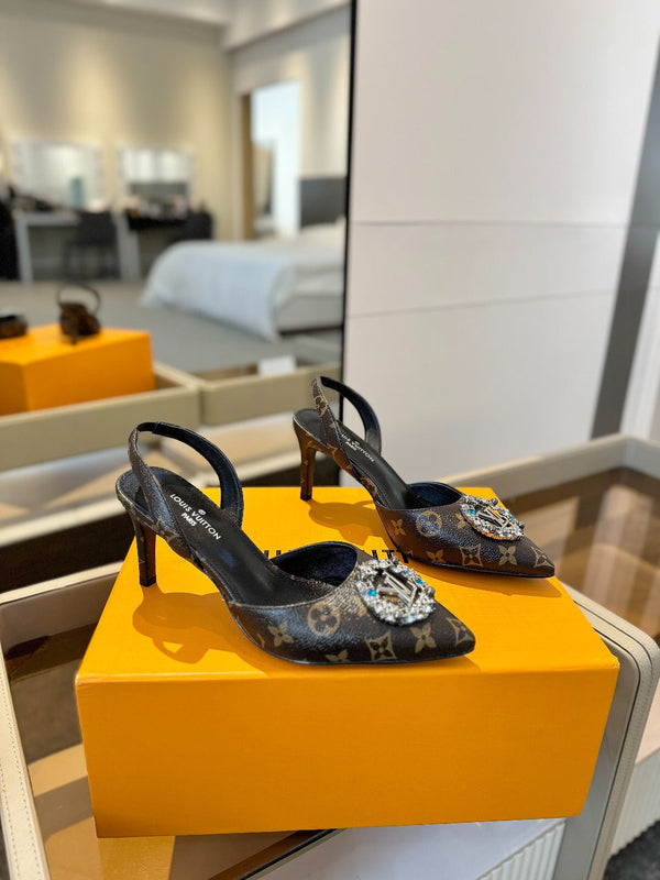 SANDALI CON TACCO ALTO 75 MM IN PELLE DI VITELLO MONOGRAMMA MARRONE CIOCCOLATO CON CRISTALLO