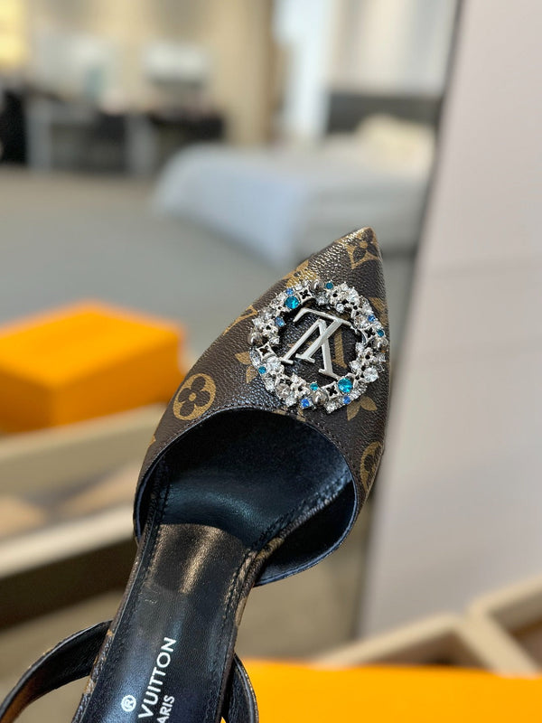 SANDALI CON TACCO ALTO 75 MM IN PELLE DI VITELLO MONOGRAMMA MARRONE CIOCCOLATO CON CRISTALLO