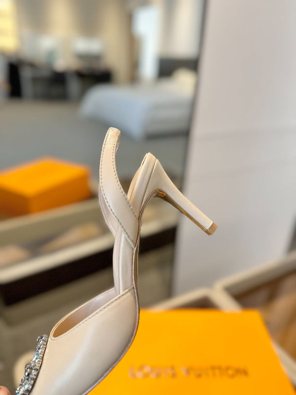 HIGH HEEL 75 MM SLINGBACK IN NUDE BEIGE CALFSKIN WITH CRYSTAL