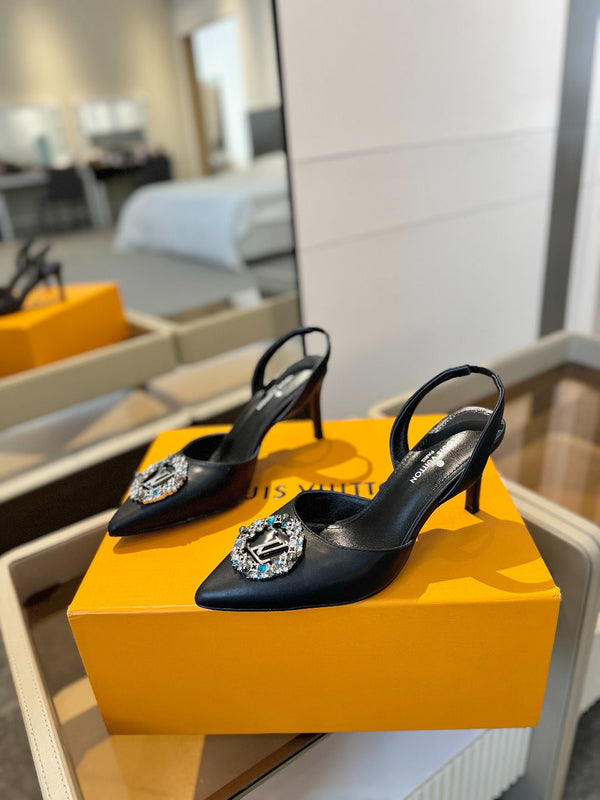 HIGH HEEL 75 MM SLINGBACK IN BLACK CALFSKIN WITH CRYSTAL