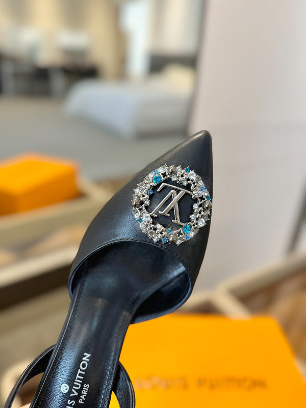 HIGH HEEL 75 MM SLINGBACK IN BLACK CALFSKIN WITH CRYSTAL
