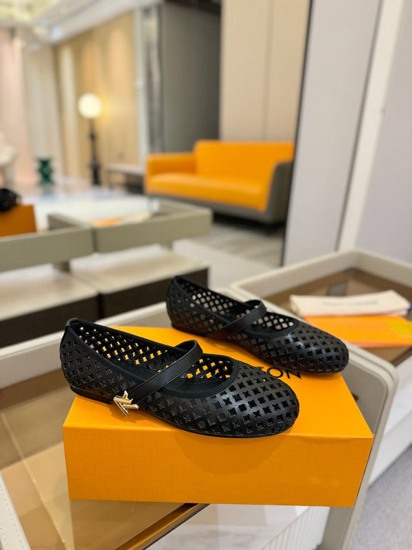 Romy Flat Ballerina Black Perforated Patent Calf Leather 241231