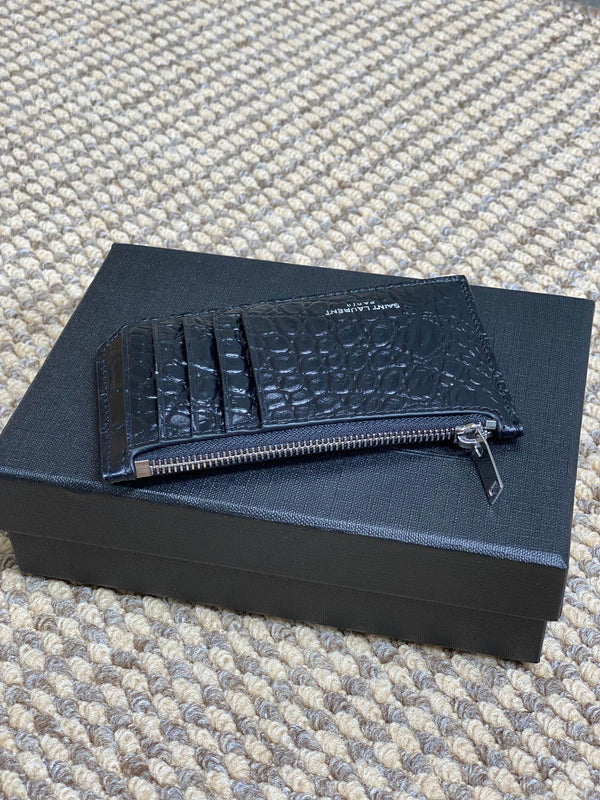 YSL Zip Card Case Black Croc Embossed Leather