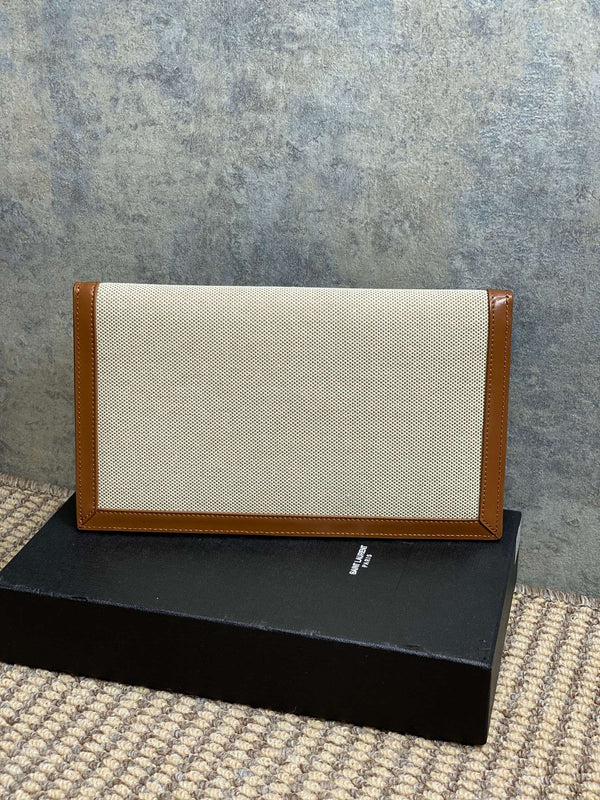 YSL 22s Uptown Pouch Clutch Bag Beige Brown Canvas GHW
