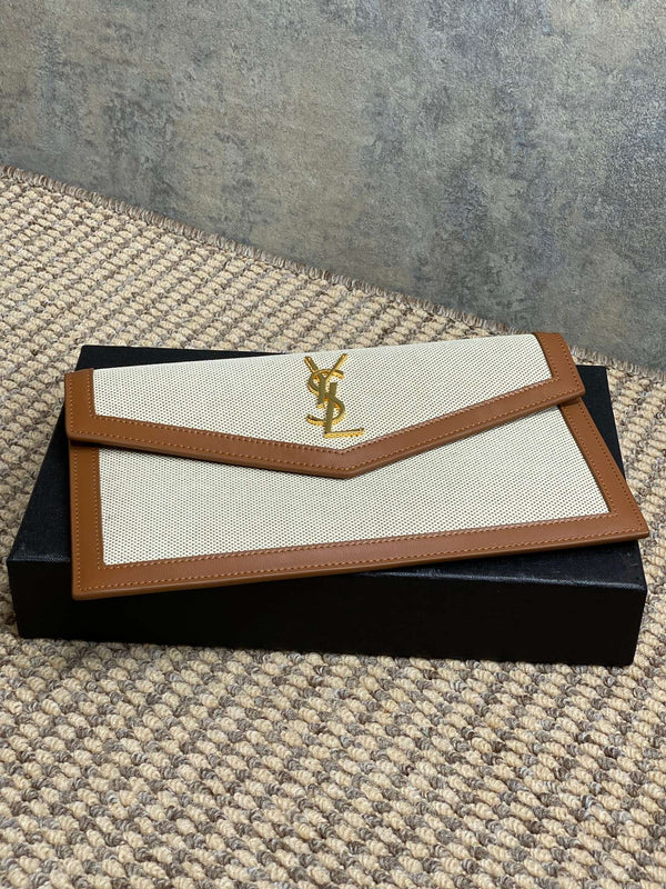 YSL 22s Uptown Pouch Clutch Bag Beige Brown Canvas GHW
