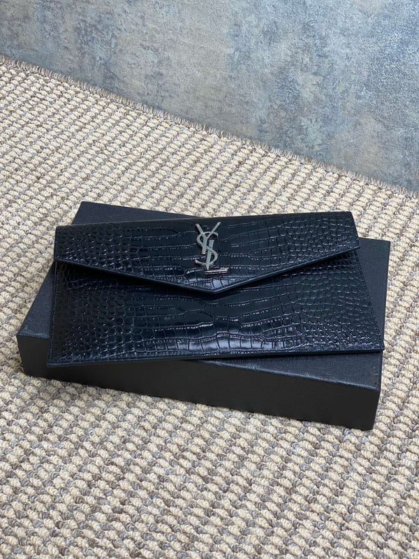 YSL 22s Uptown Pouch Clutch Bag Black Croc Embossed Leather Sliver HW