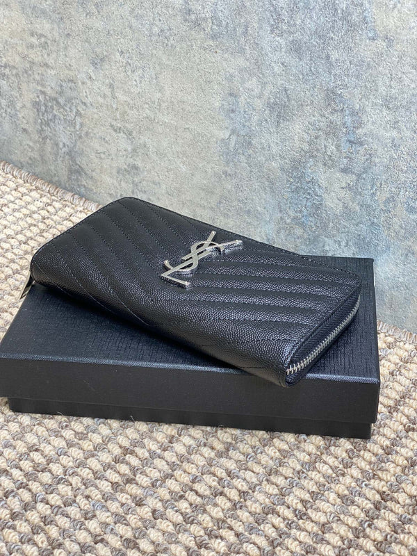 YSL Zippy Long Wallet Black Caviar Cowhide Sliver HW