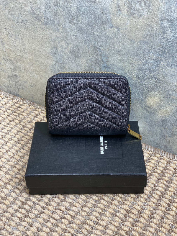 YSL Cassandre Matelassé Compact Zip-Around Wallet Black Caviar Cowhide GHW