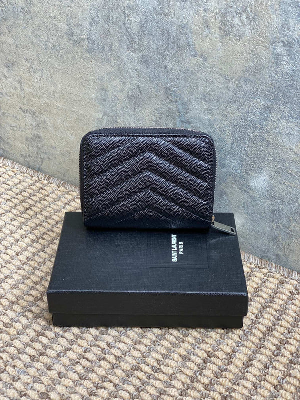 YSL Cassandre Matelassé Compact Zip-Around Wallet Black Caviar Cowhide Sliver HW
