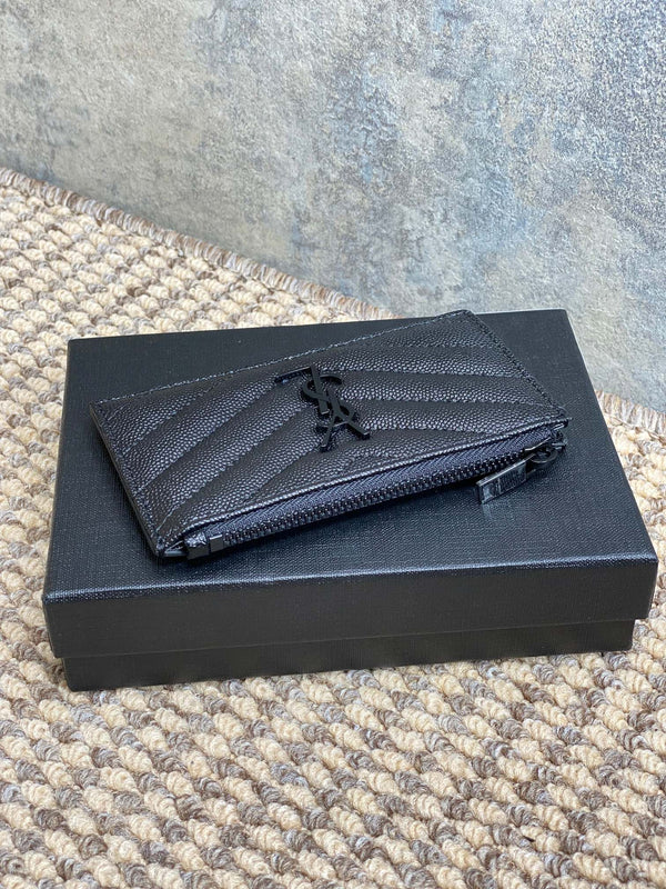 YSL Zip Coin Case With Card Full Black Caviar Cowhide GHW