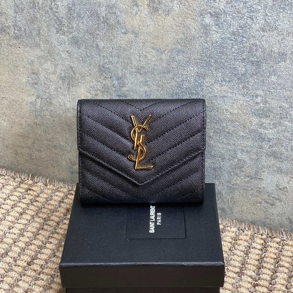 YSL Compact Flap Cassendre Wallet 10cm Black Leather GHW