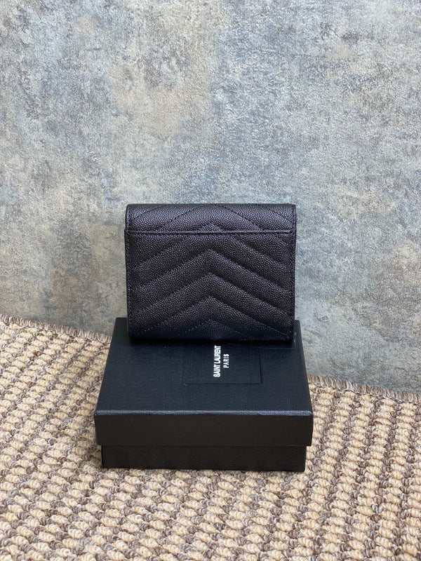 YSL Compact Flap Cassendre Wallet 10cm Black Leather Sliver HW