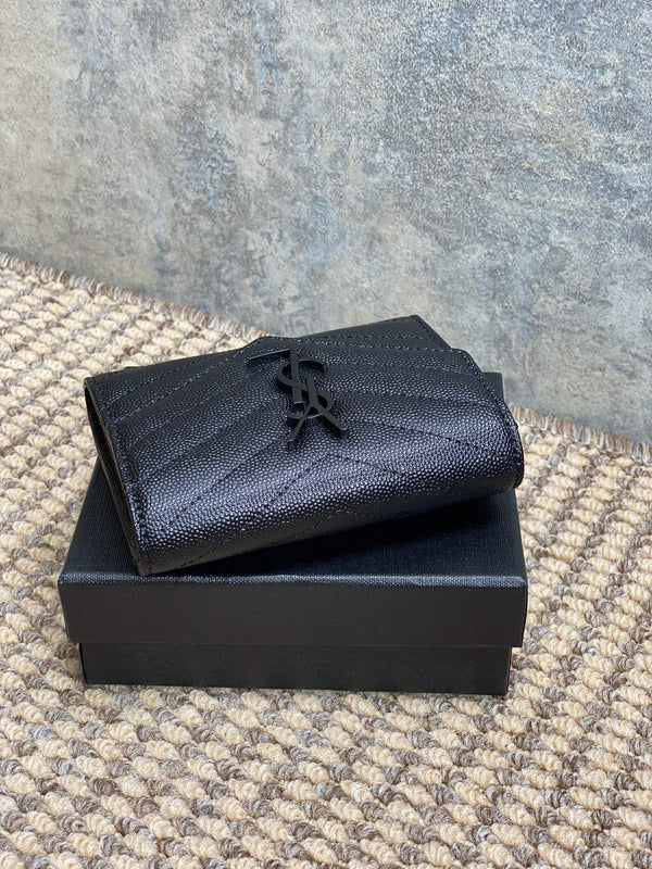 YSL Compact Flap Cassendre Wallet 10cm Full Black Leather
