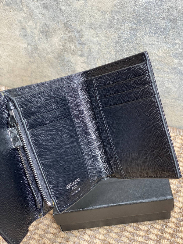 YSL Compact Flap Cassendre Wallet 10cm Full Black Leather