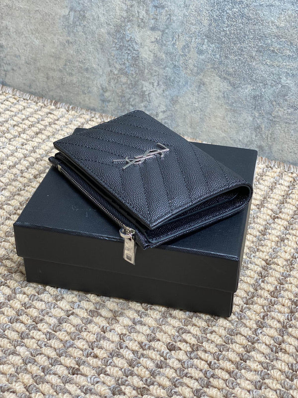 YSL Monogram Wallet Wallet 13cm Black Caviar Cowhide Sliver HW