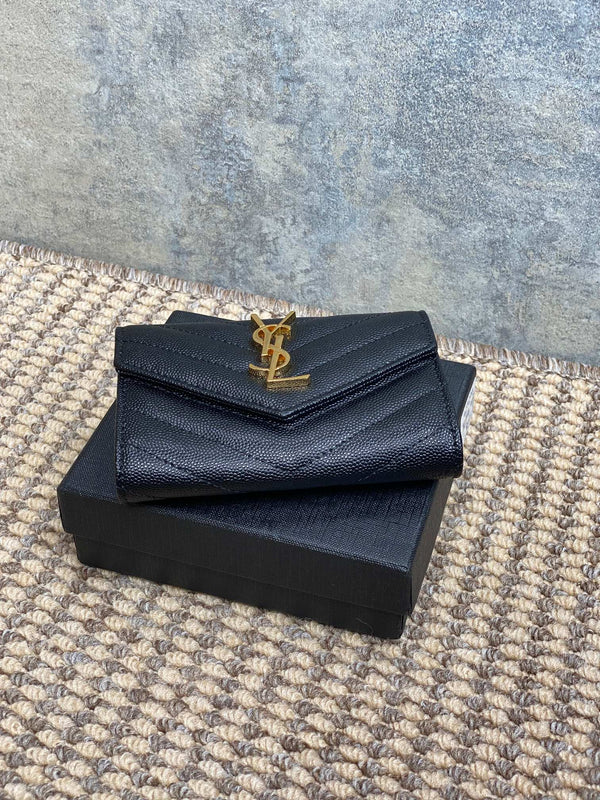 YSL GHW Logo Monogram Card Flap Wallet 13.5cm Black Caviar Cowhide