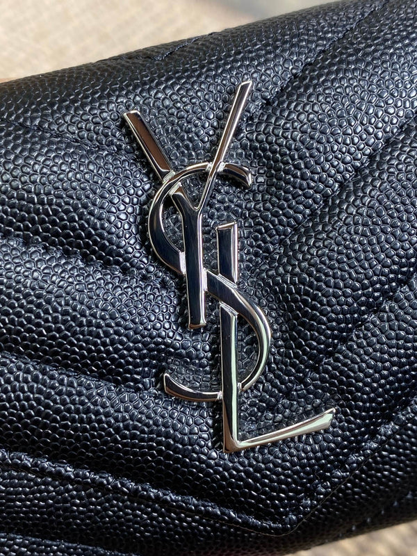 YSL Sliver Logo Monogram Card Flap Wallet 13.5cm Black Caviar Cowhide