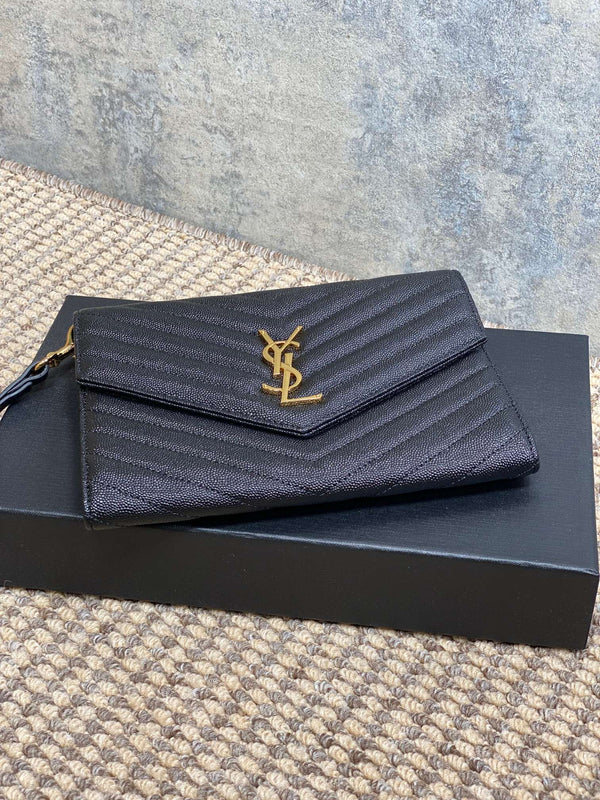 YSL Gold Hardware Logo Clutch 21cm Black Caviar Cowhide