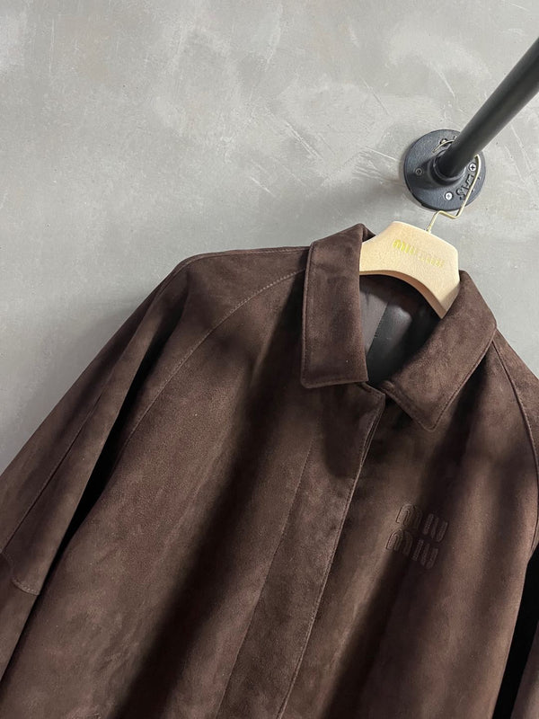 Giacca Miu Miu 2025 in pelle scamosciata di pecora marrone