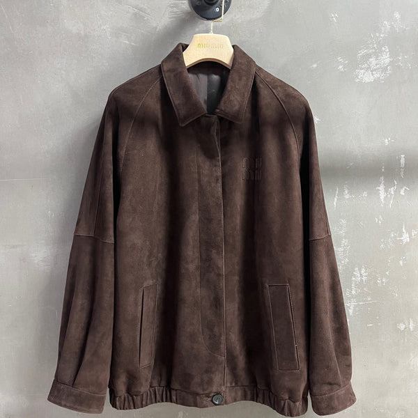 Giacca Miu Miu 2025 in pelle scamosciata di pecora marrone