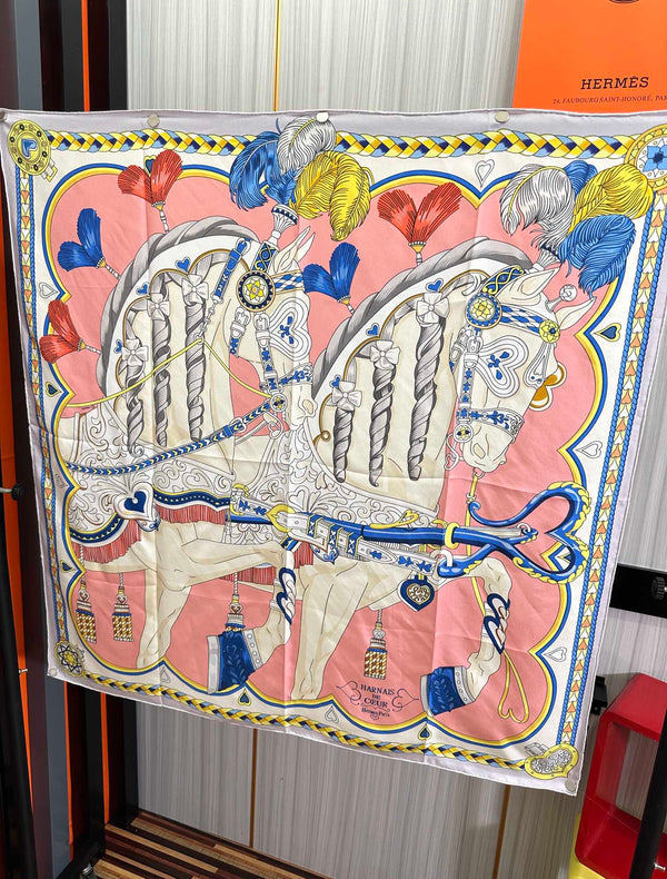 Carré Harnais De Cœur Scarf 90 CM In Pink Colorful Silk 306471