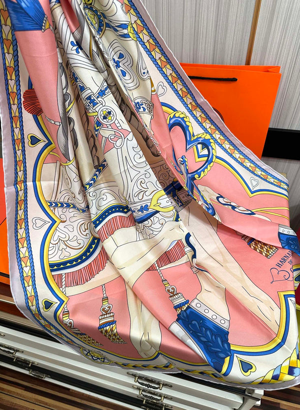 Carré Harnais De Cœur Scarf 90 CM In Pink Colorful Silk 306471